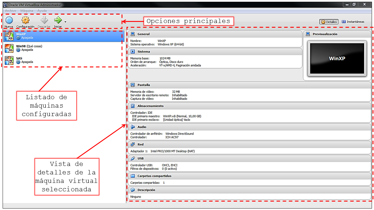 Pantalla principal de Virtual Box.