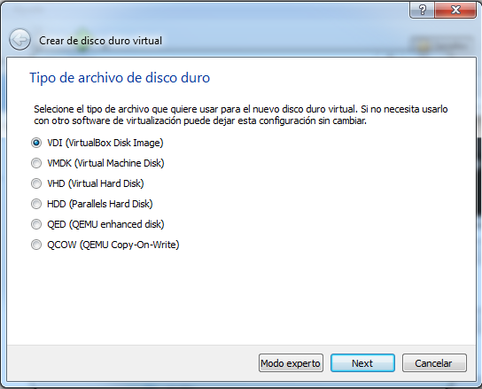 Qué tipo de disco utilizar. VDI es la opción más común.