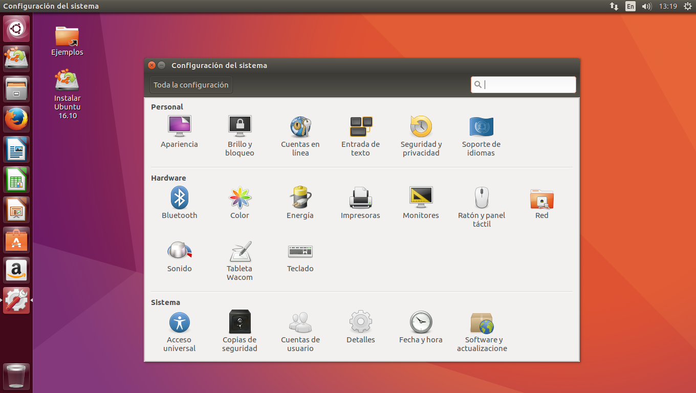 Menú de configuración de Ubuntu.