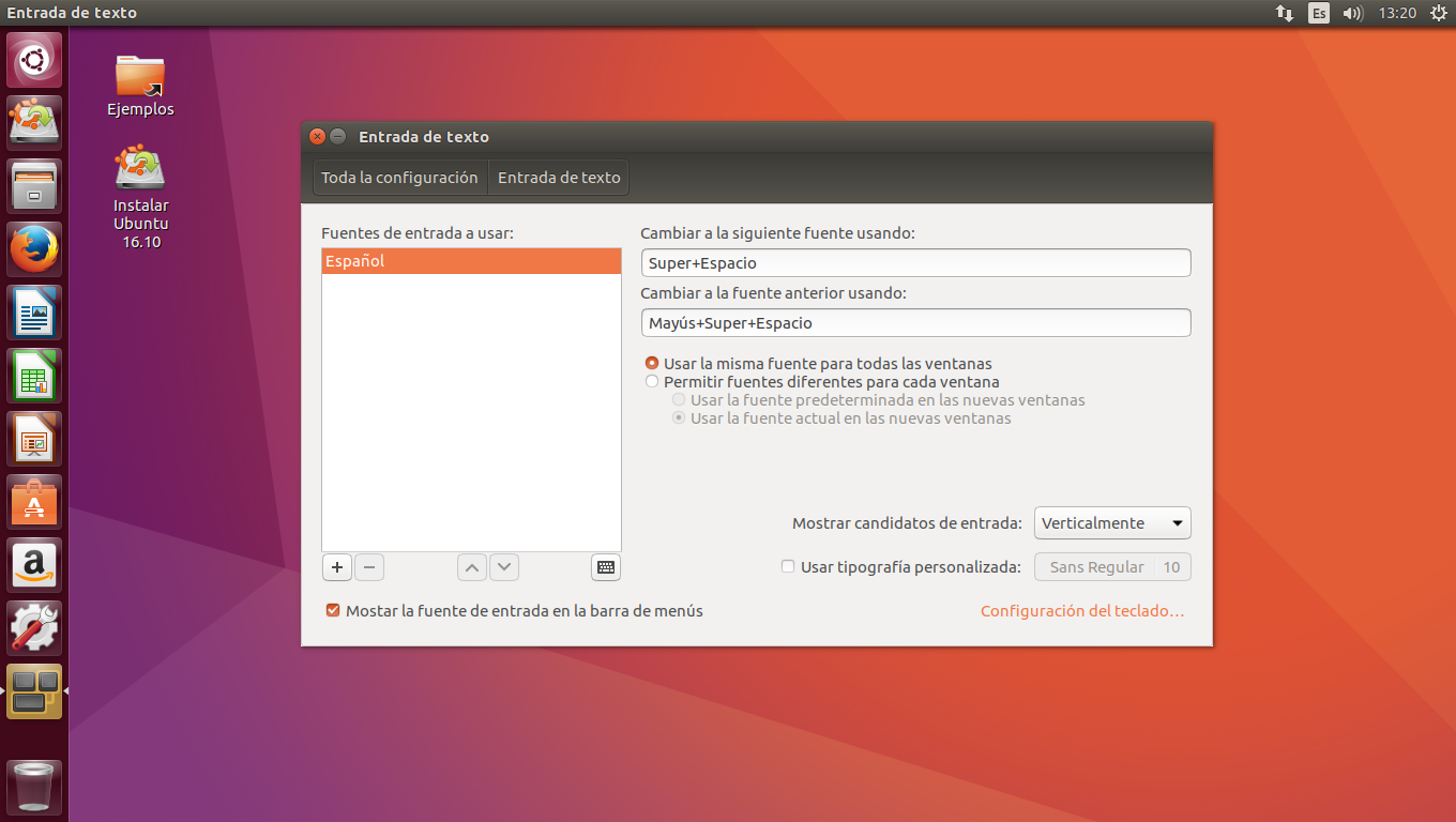 Menú de configuración de la Entrada de texto.